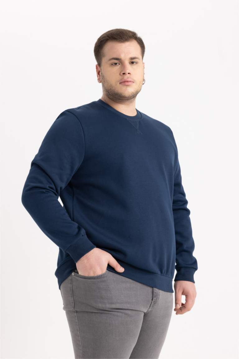 Regular Fit Bisiklet Yaka Kalın Basic Düz Sweatshirt