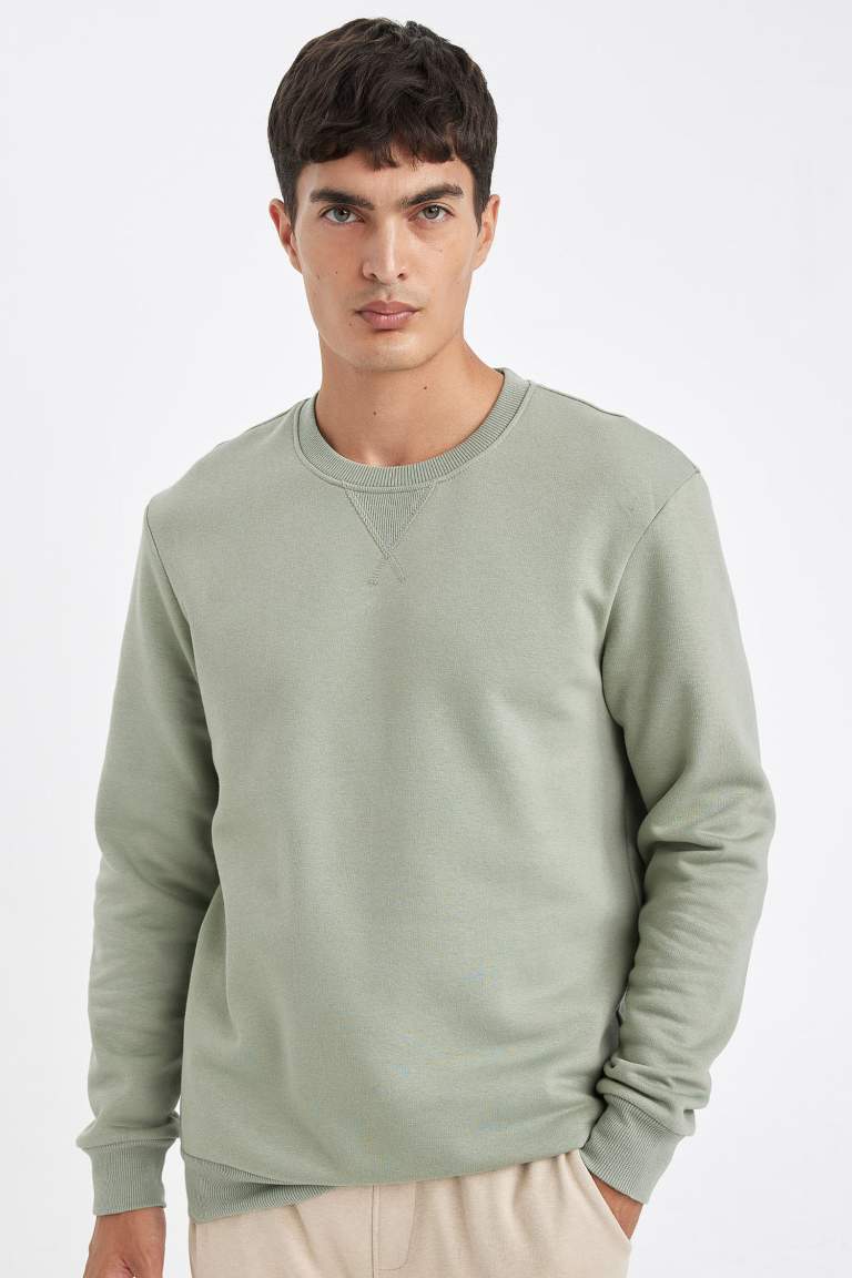 Regular Fit Bisiklet Yaka Kalın Basic Düz Sweatshirt