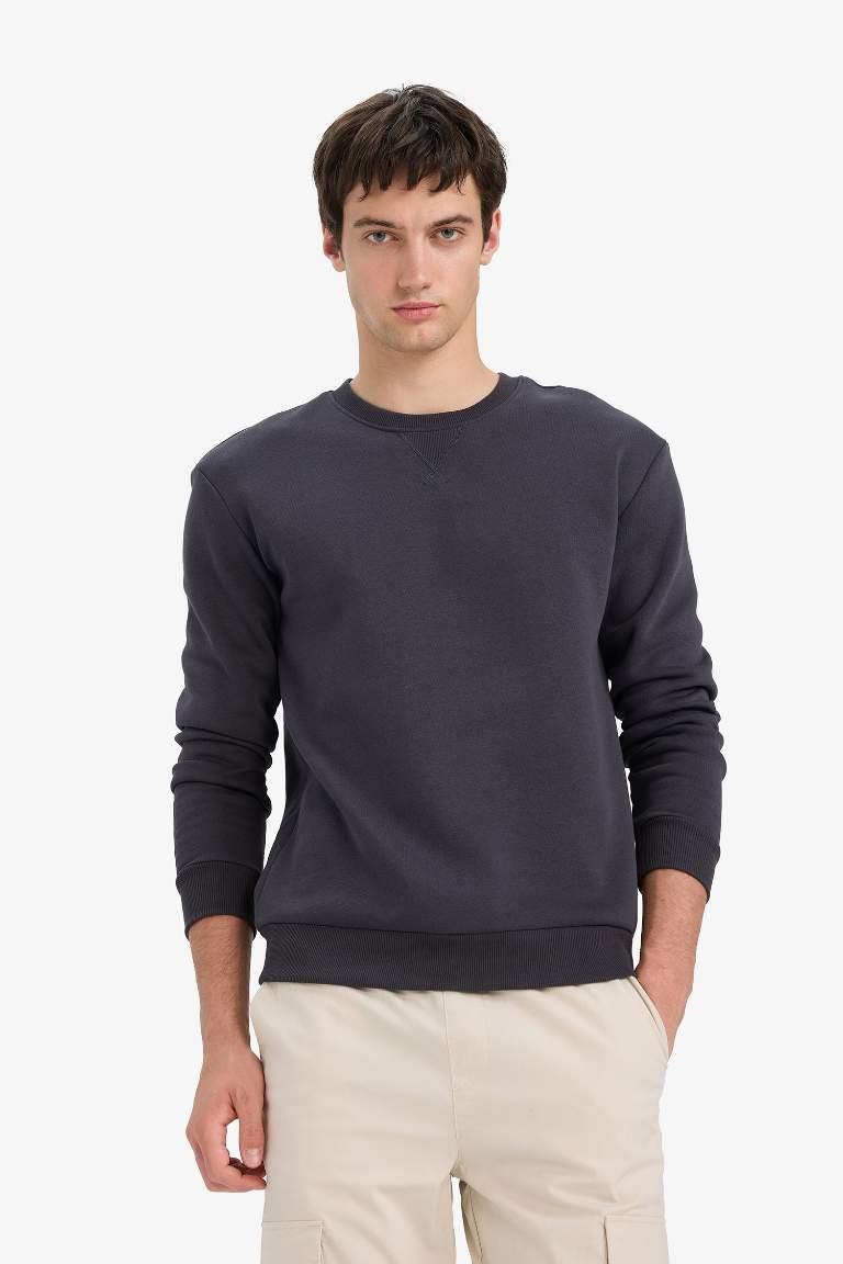 Regular Fit Bisiklet Yaka Basic Düz Kalın Sweatshirt