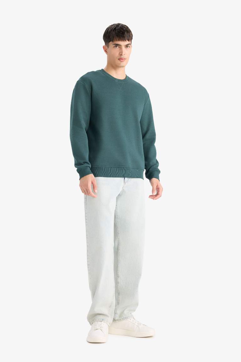 Regular Fit Bisiklet Yaka Basic Düz Kalın Sweatshirt