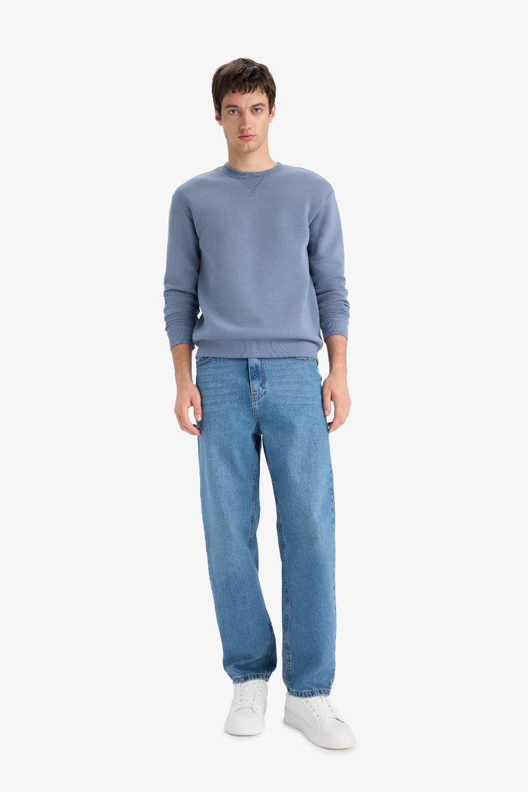 Regular Fit Bisiklet Yaka Basic Düz Kalın Sweatshirt