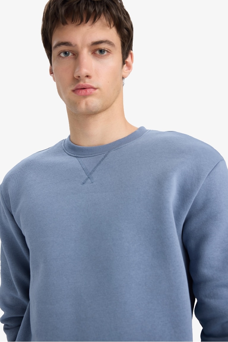Regular Fit Bisiklet Yaka Basic Düz Kalın Sweatshirt