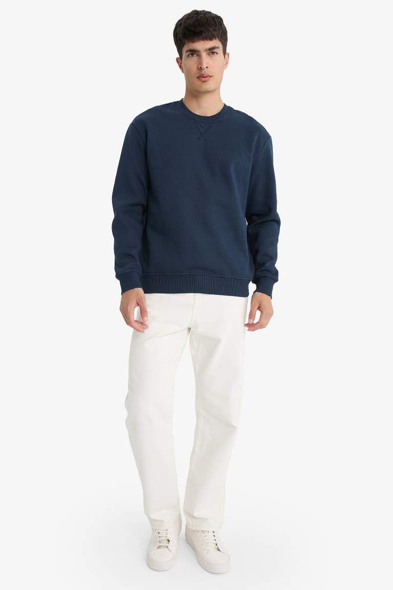 Regular Fit Bisiklet Yaka Basic Düz Kalın Sweatshirt