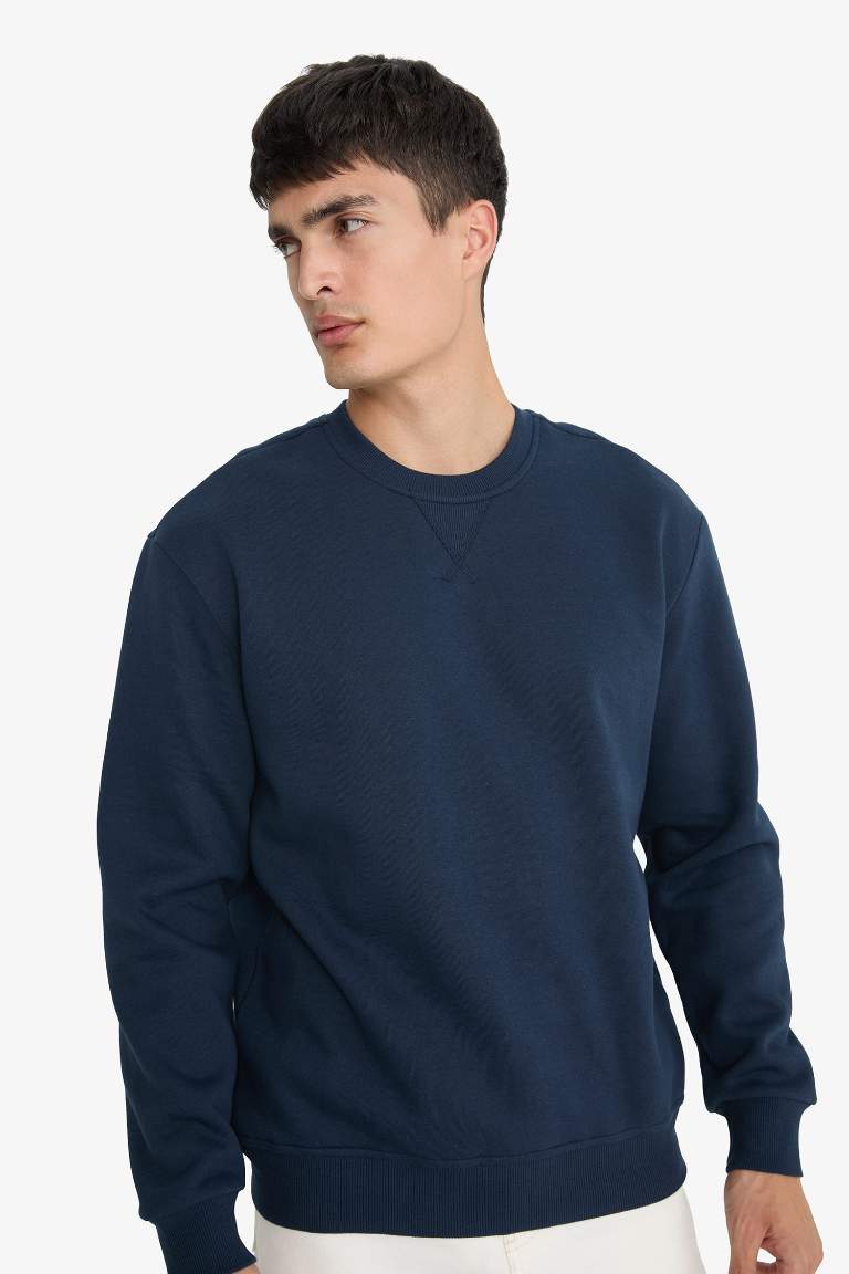 Regular Fit Bisiklet Yaka Basic Düz Kalın Sweatshirt
