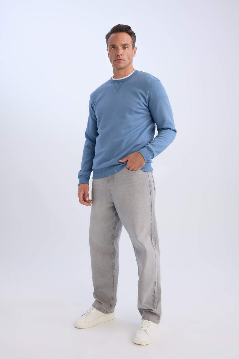 Regular Fit Bisiklet Yaka Basic Düz Kalın Sweatshirt