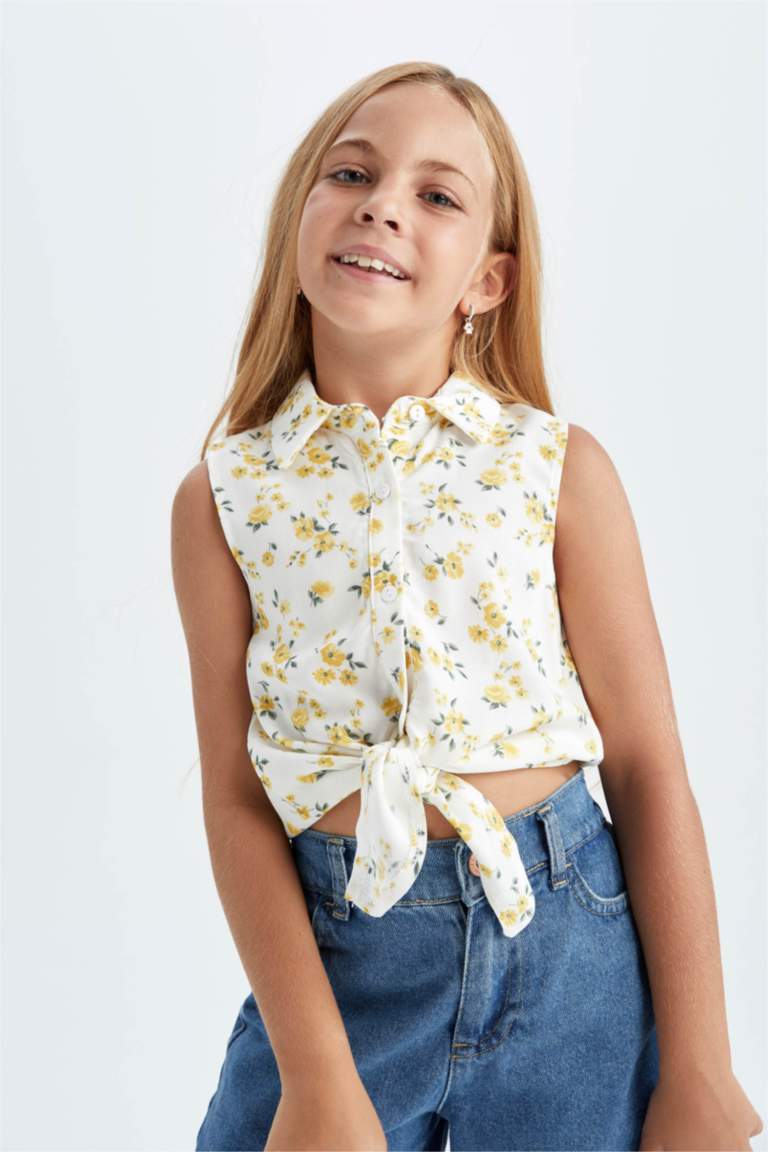 Yellow GIRLS & TEENS Girl Sleeveless Collared Floral Patterned Shirt