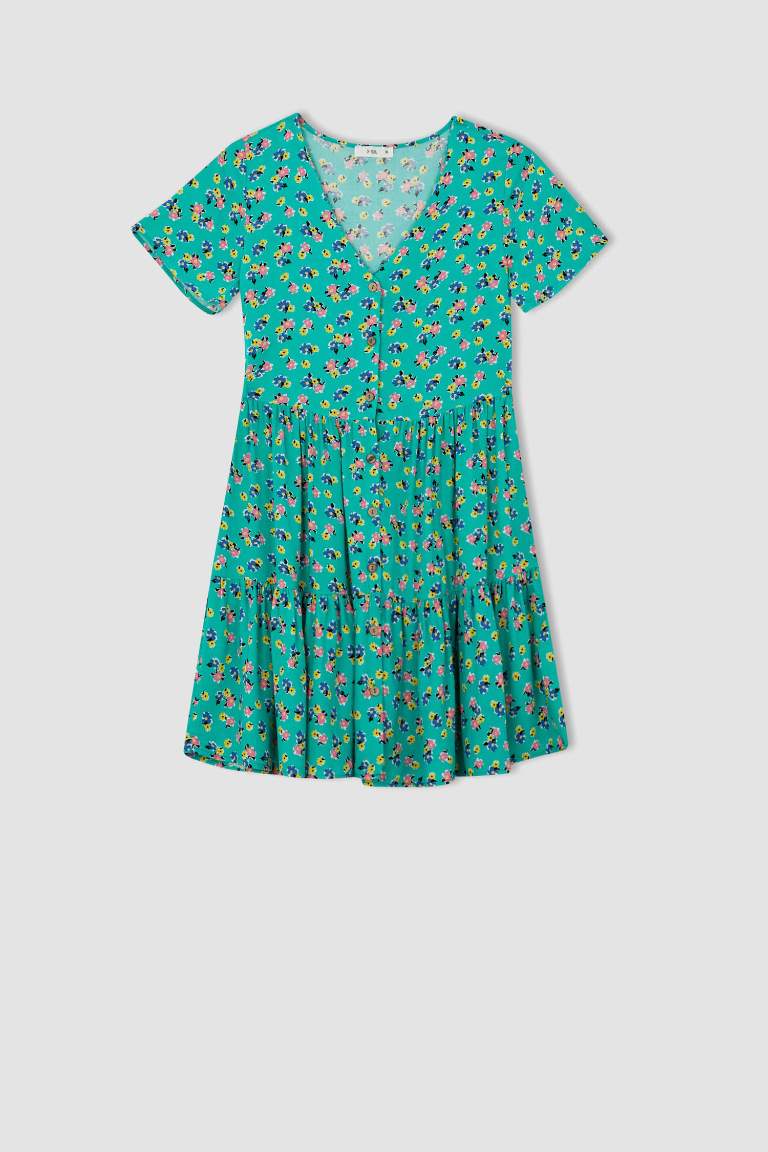 Volan Detailed V-Neck Floral Dress