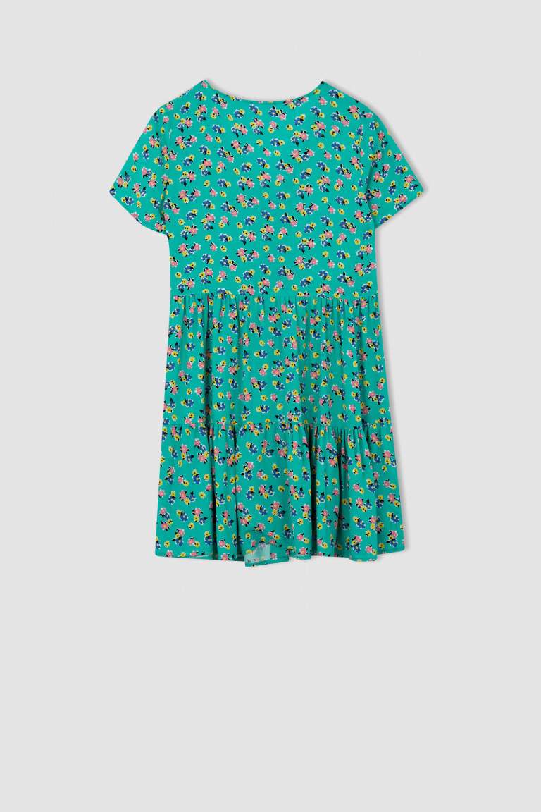 Volan Detailed V-Neck Floral Dress