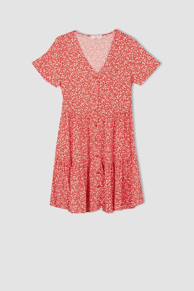 Volan Detailed V-Neck Floral Dress