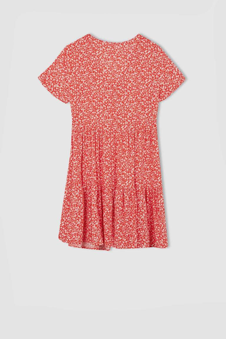 Volan Detailed V-Neck Floral Dress