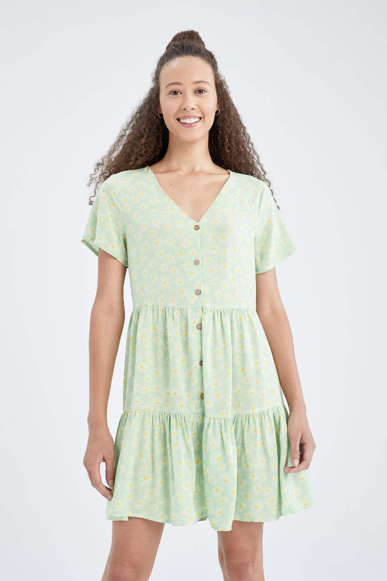 Volan Detailed V-Neck Floral Dress