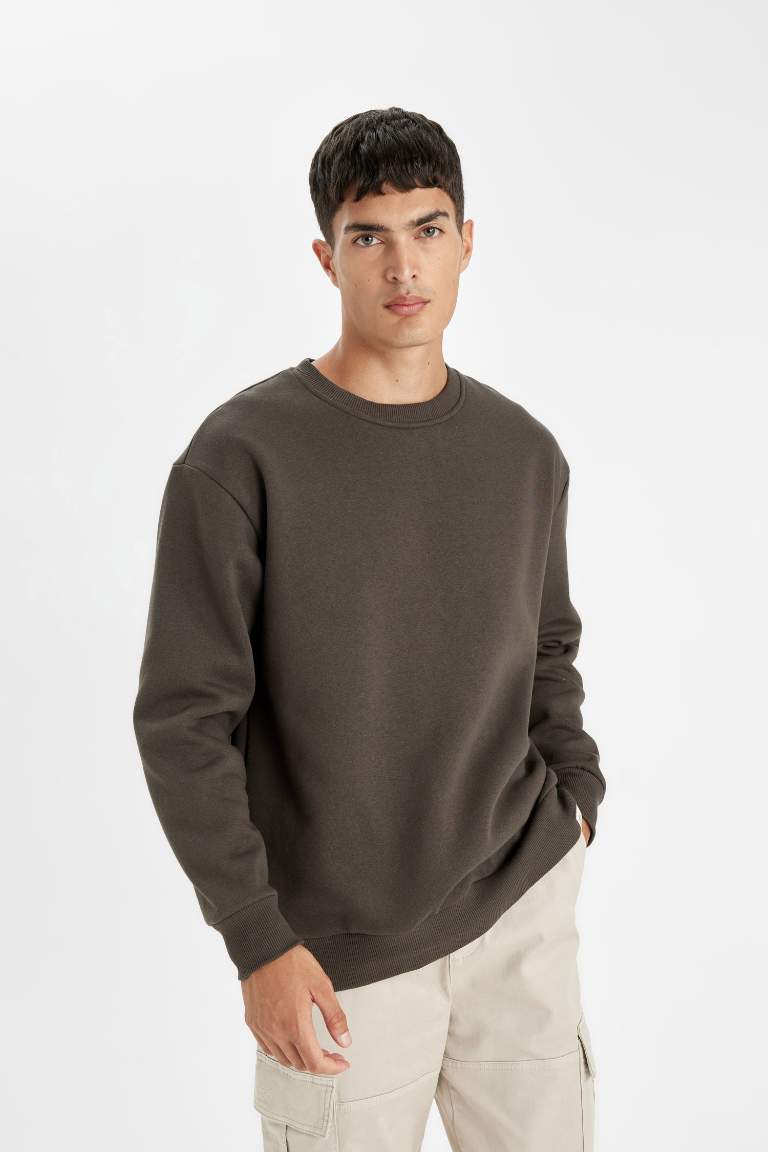 Brown Oversize Fit Crew Neck Thick Basic Sweatshirt