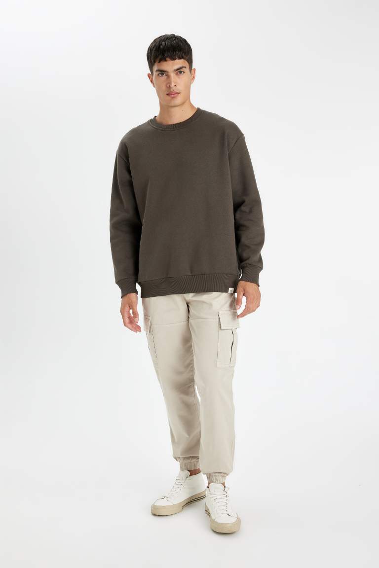 Brown Oversize Fit Crew Neck Thick Basic Sweatshirt