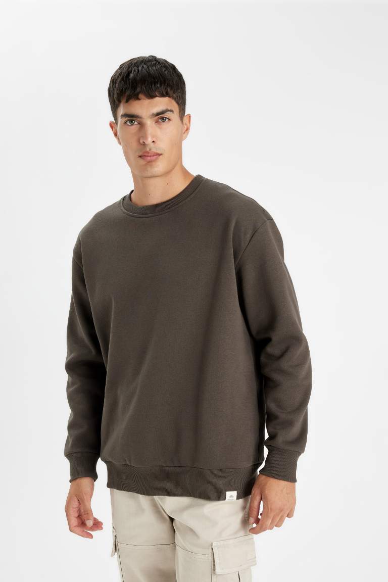 Brown Oversize Fit Crew Neck Thick Basic Sweatshirt