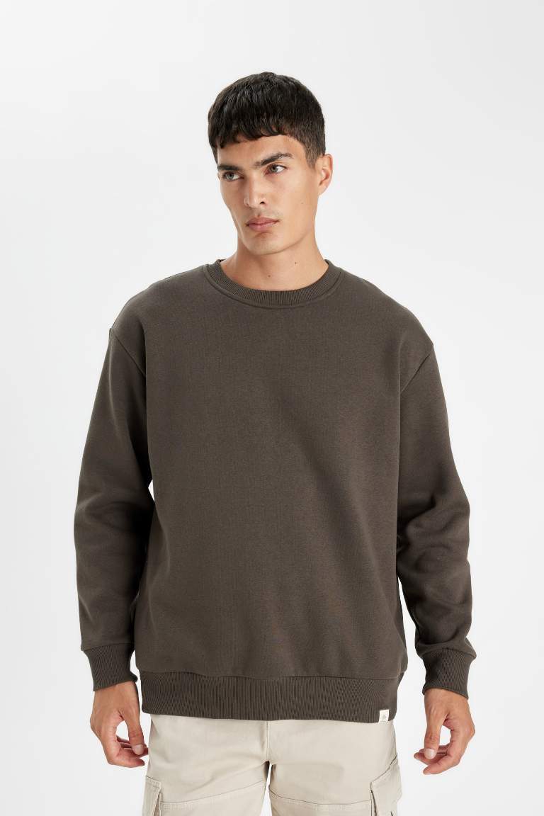 Brown Oversize Fit Crew Neck Thick Basic Sweatshirt