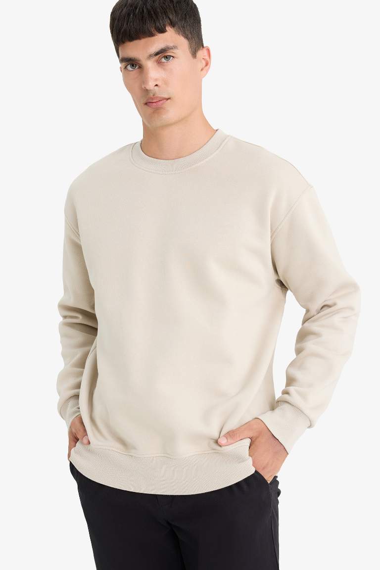 Relax Fit Bisiklet Yaka Kalın İçi Yumuşak Tüylü Basic Düz Sweatshirt
