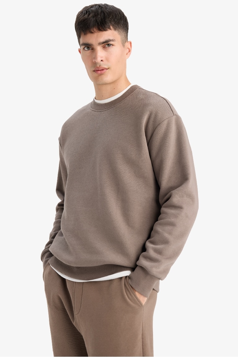 Relax Fit Bisiklet Yaka Kalın İçi Yumuşak Tüylü Basic Düz Sweatshirt