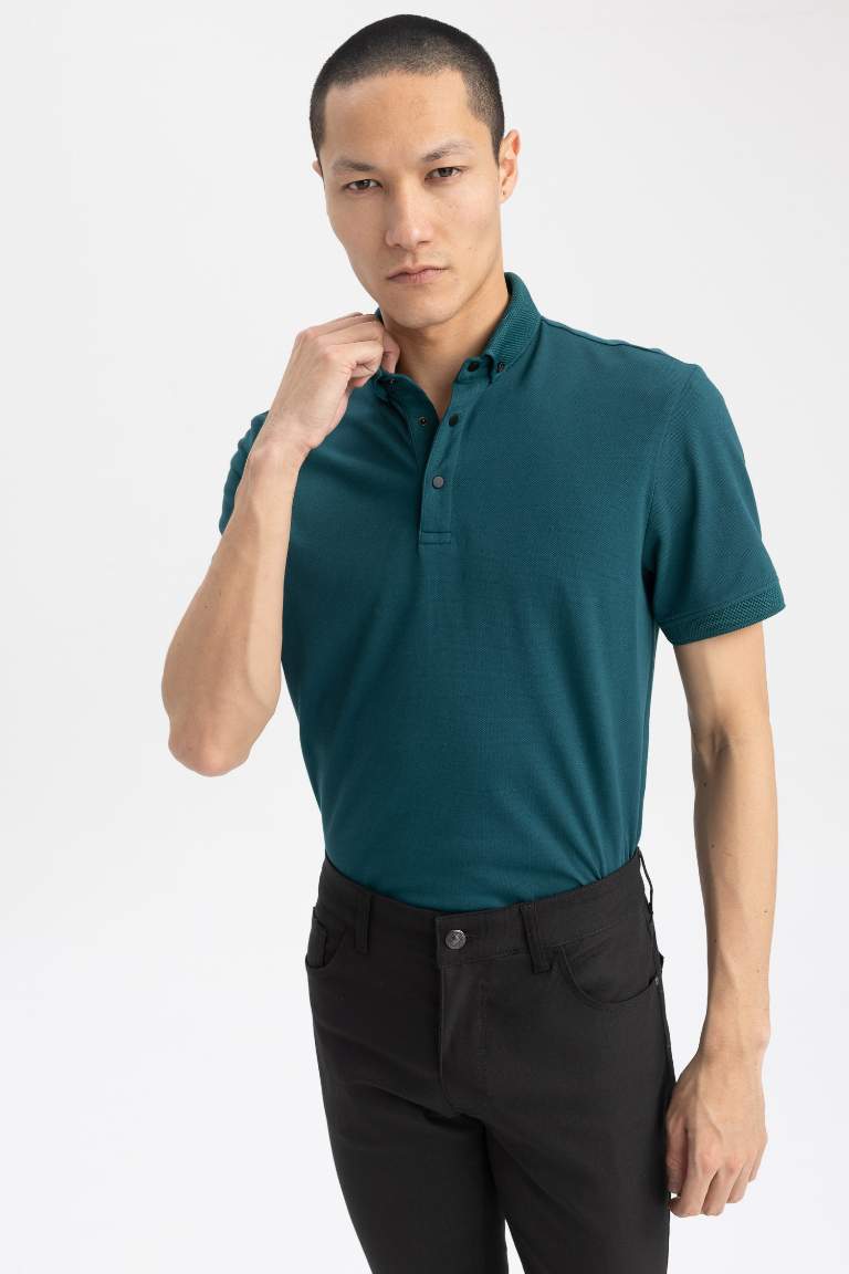 Slim Fit Polo Neck Short Sleeve Cotton T-Shirt