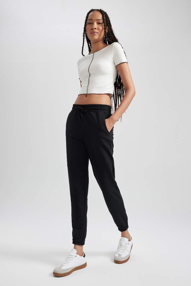 Standart Fit Basic Düz Beli Paçası Lastikli Cepli Siyah JoggerEşofman Altı