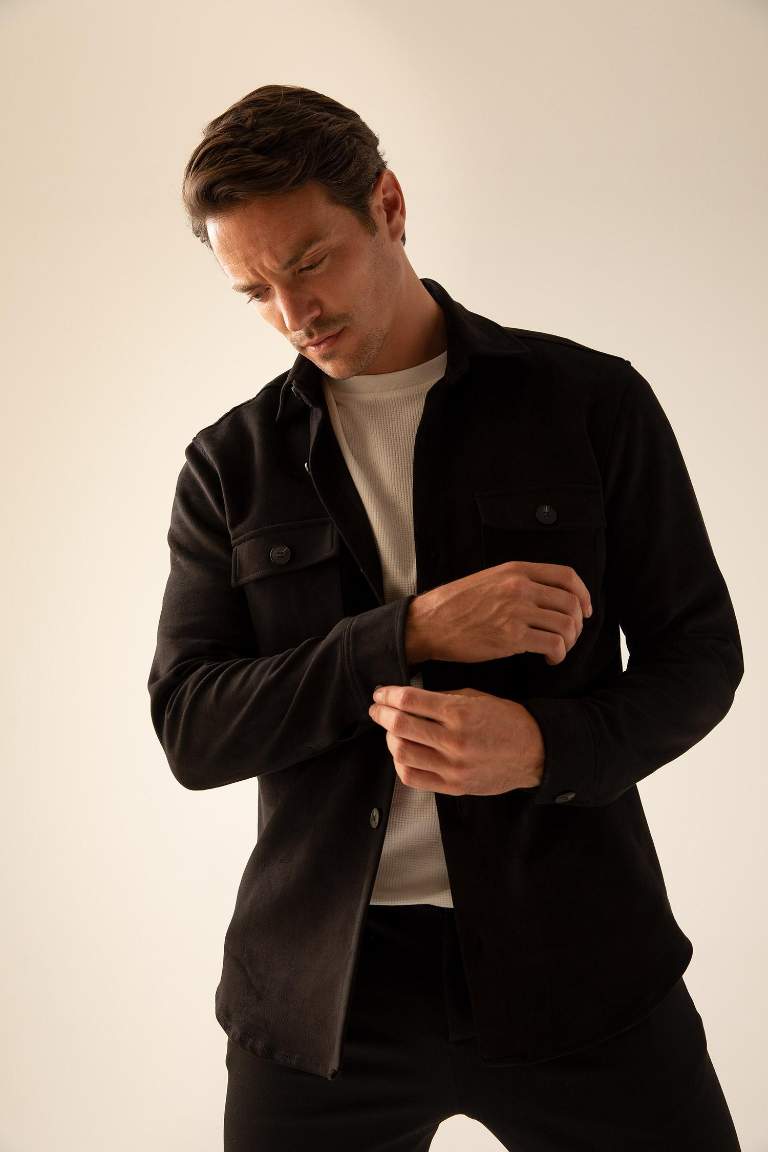Regular Fit Polo Neck Suede Shirt Jacket
