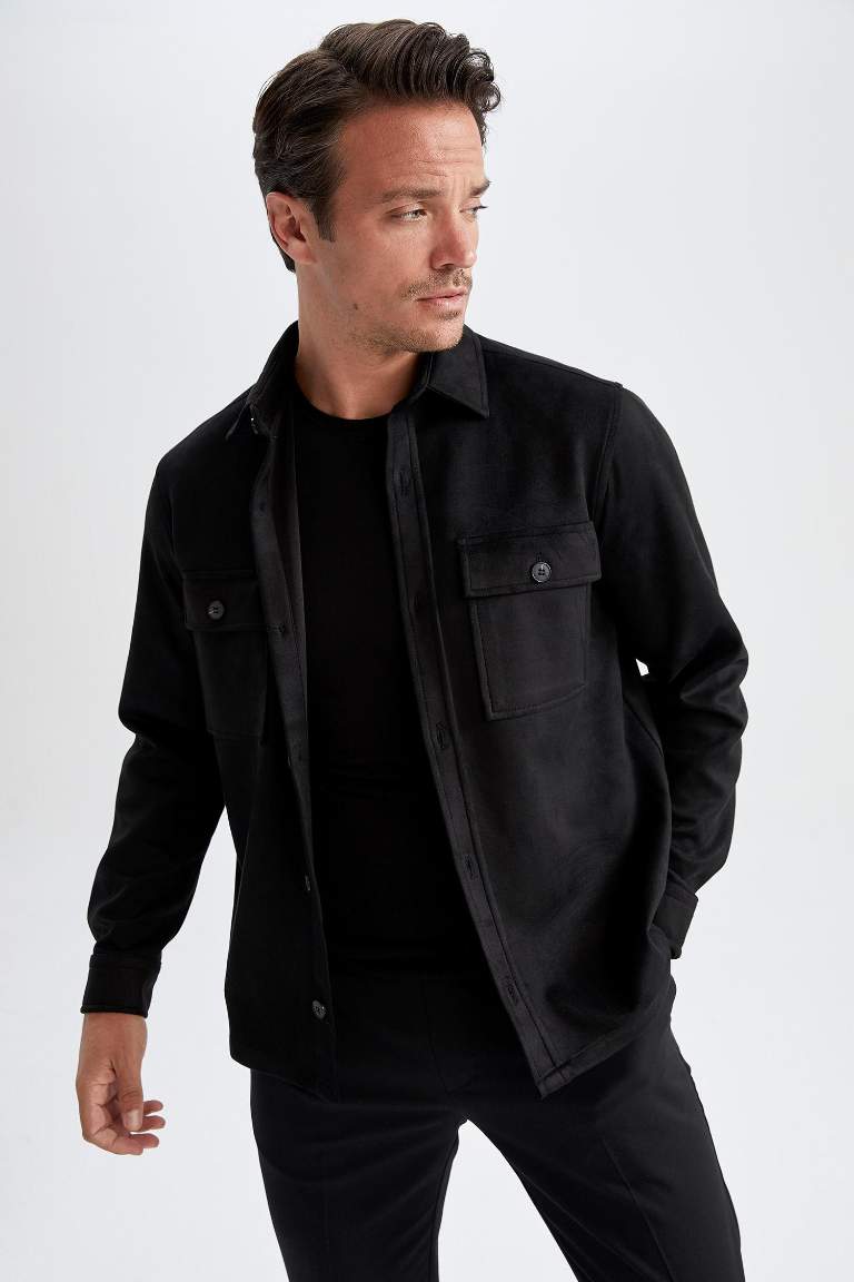 Regular Fit Polo Neck Suede Shirt Jacket