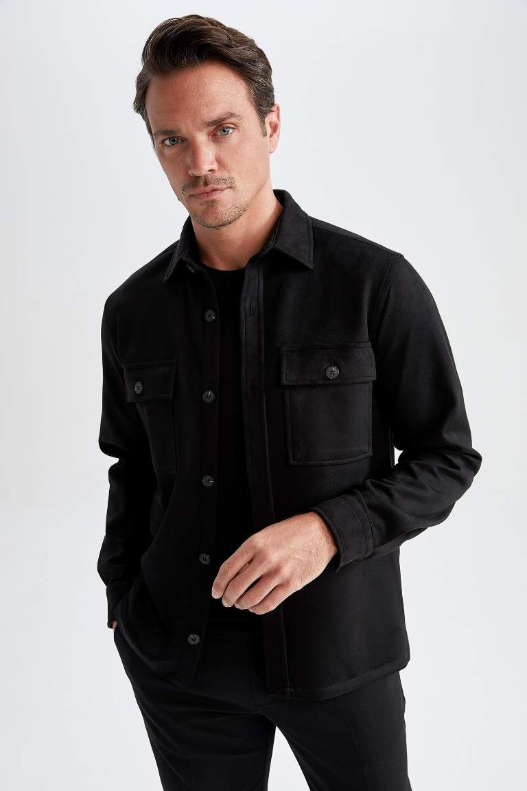 Regular Fit Polo Neck Suede Shirt Jacket