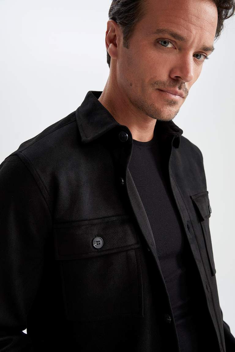 Regular Fit Polo Neck Suede Shirt Jacket