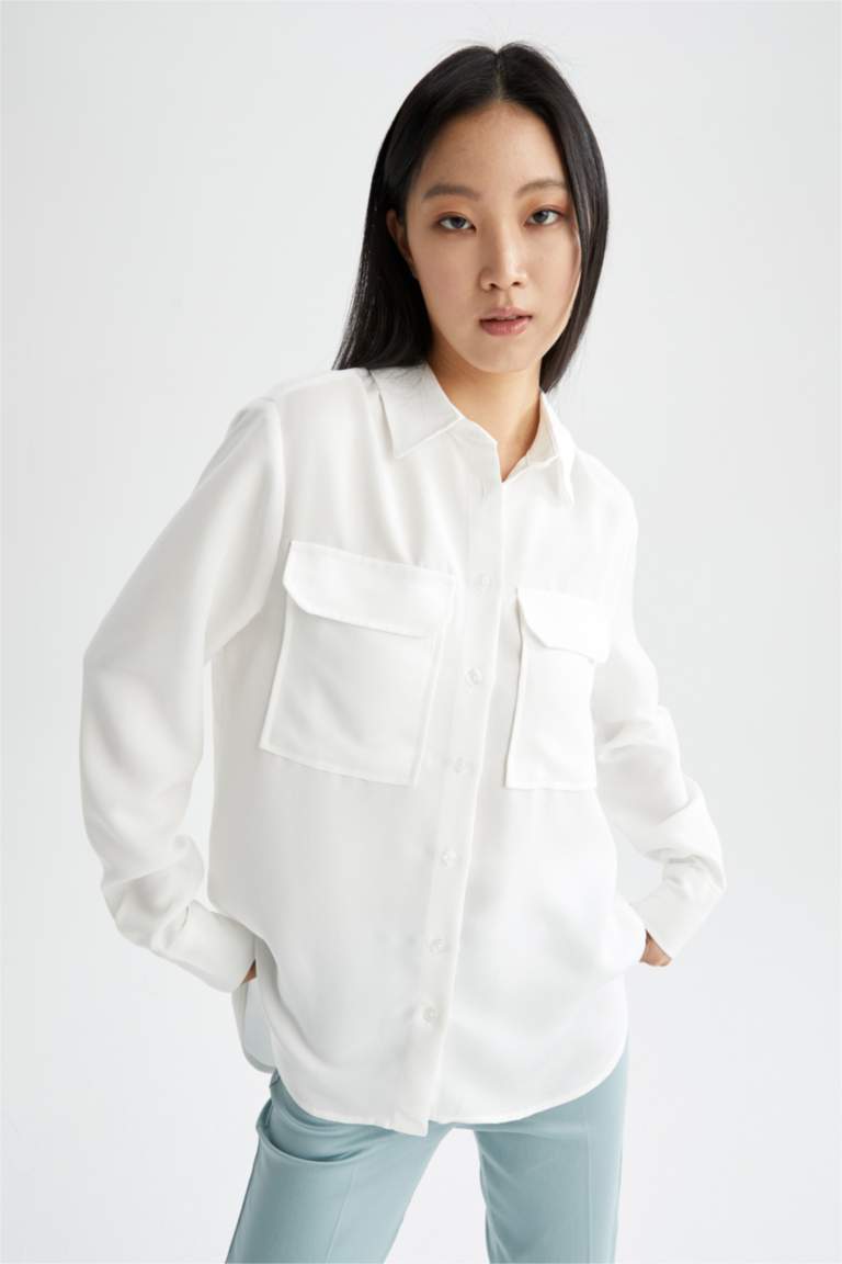 White Woman Oversized Long Sleeve Viscose Shirt 2390874 DeFacto