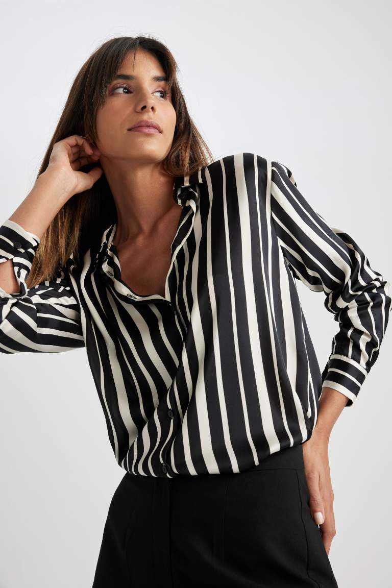 Black WOMAN Oversize Fit Shirt Collar Striped Long Sleeve Satin Shirt ...