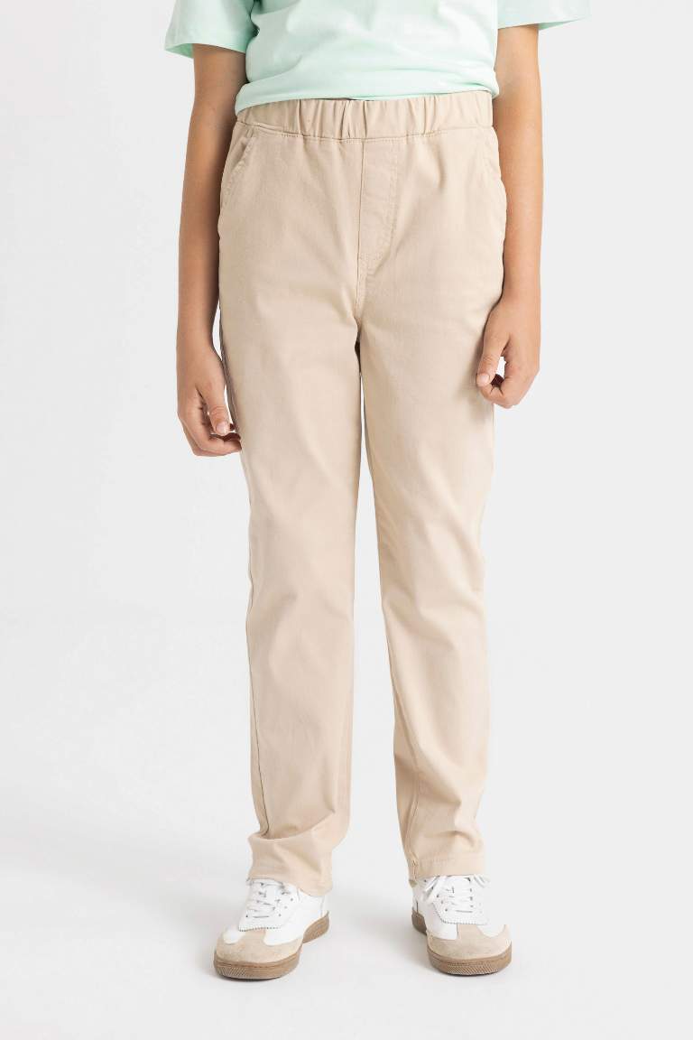 Pantalon en Gabardine Beige Droit à taille élastique avec poches pour Garçon