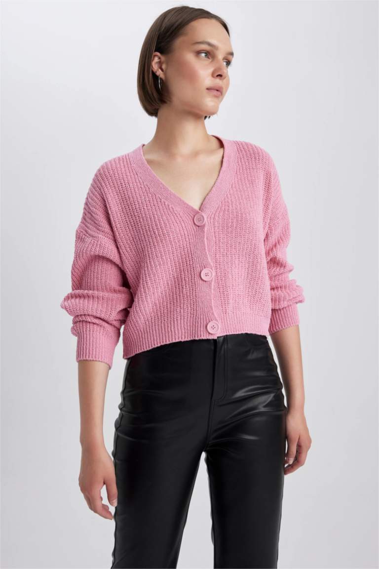 Pink WOMAN Regular Fit VNeck Knitwear Cardigan 2794490 DeFacto