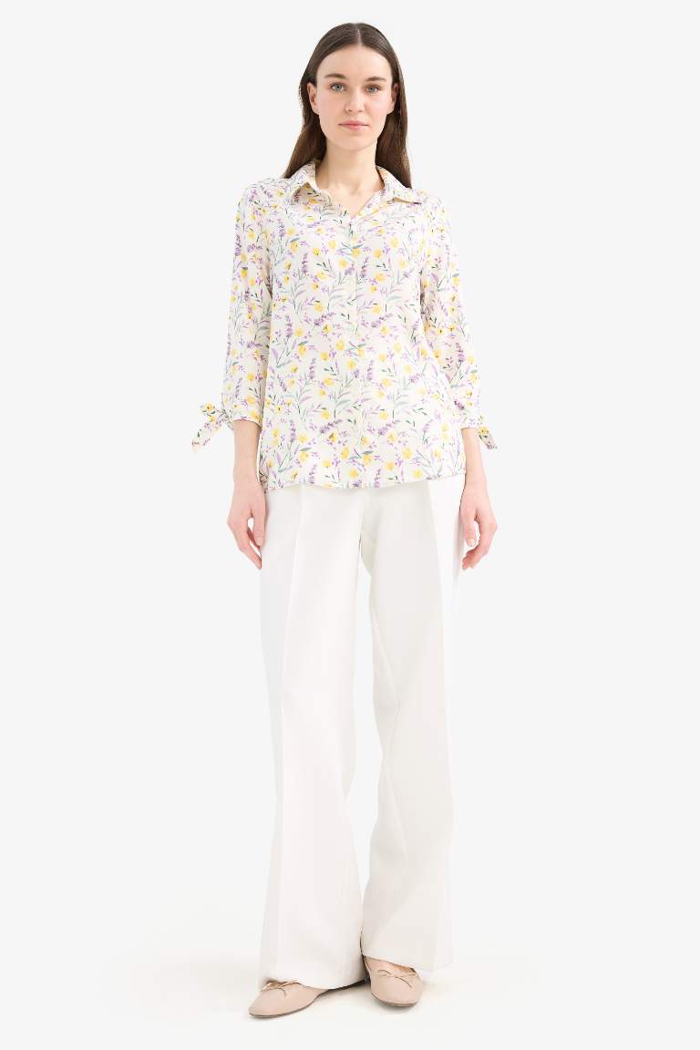 Loose Fit Çiçek Desenli Uzun Kollu Gömlek