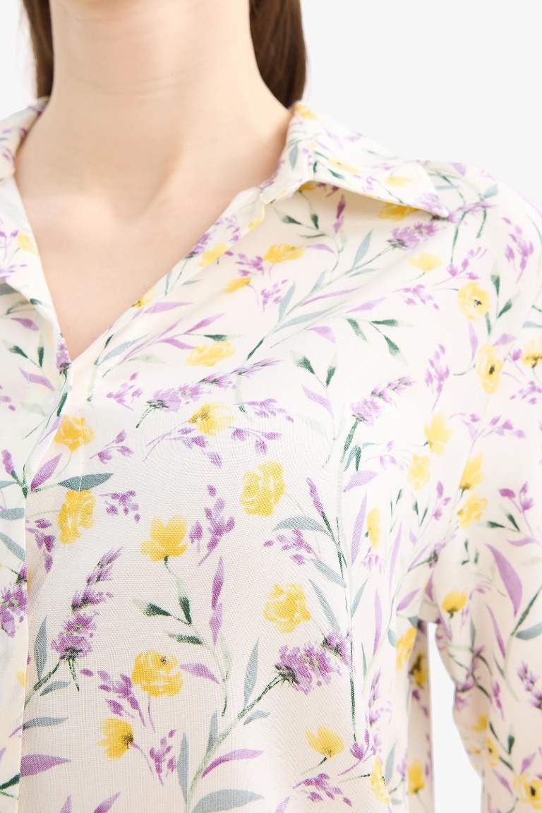 Loose Fit Çiçek Desenli Uzun Kollu Gömlek