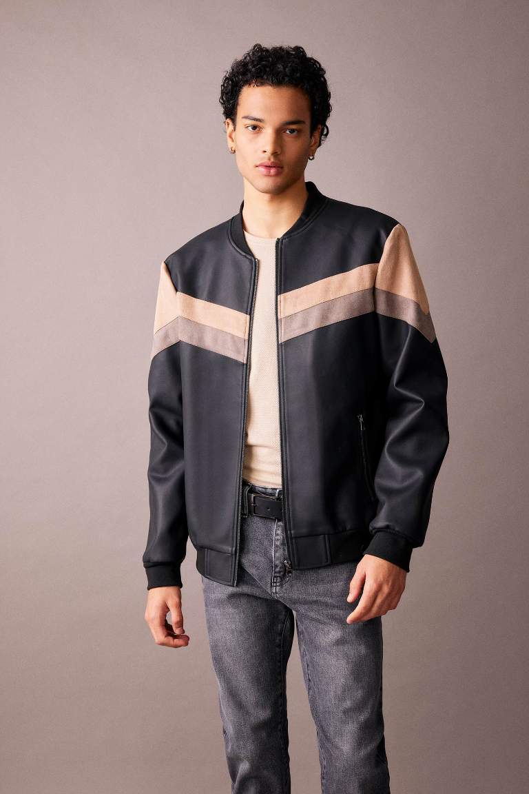 Su İtici Slim Fit Kolej Yaka Fermuar Kapamalı Cepli Mevsimlik Hafif Suni Deri Bomber Mont Ceket 
