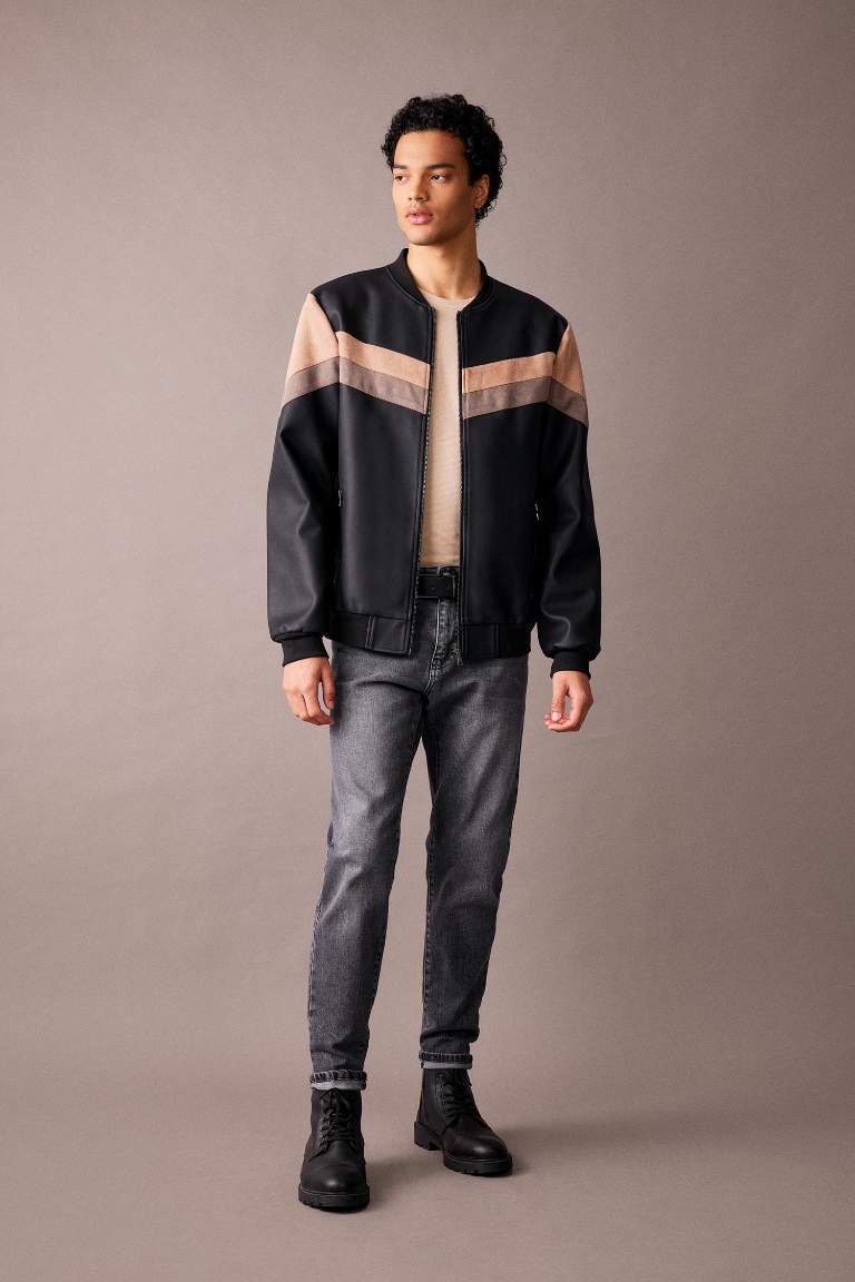 Su İtici Slim Fit Kolej Yaka Fermuar Kapamalı Cepli Mevsimlik Hafif Suni Deri Bomber Mont Ceket 