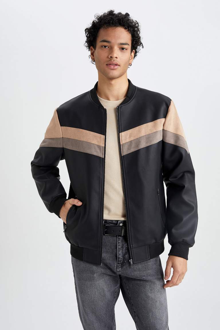 Su İtici Slim Fit Kolej Yaka Fermuar Kapamalı Cepli Mevsimlik Hafif Suni Deri Bomber Mont Ceket 