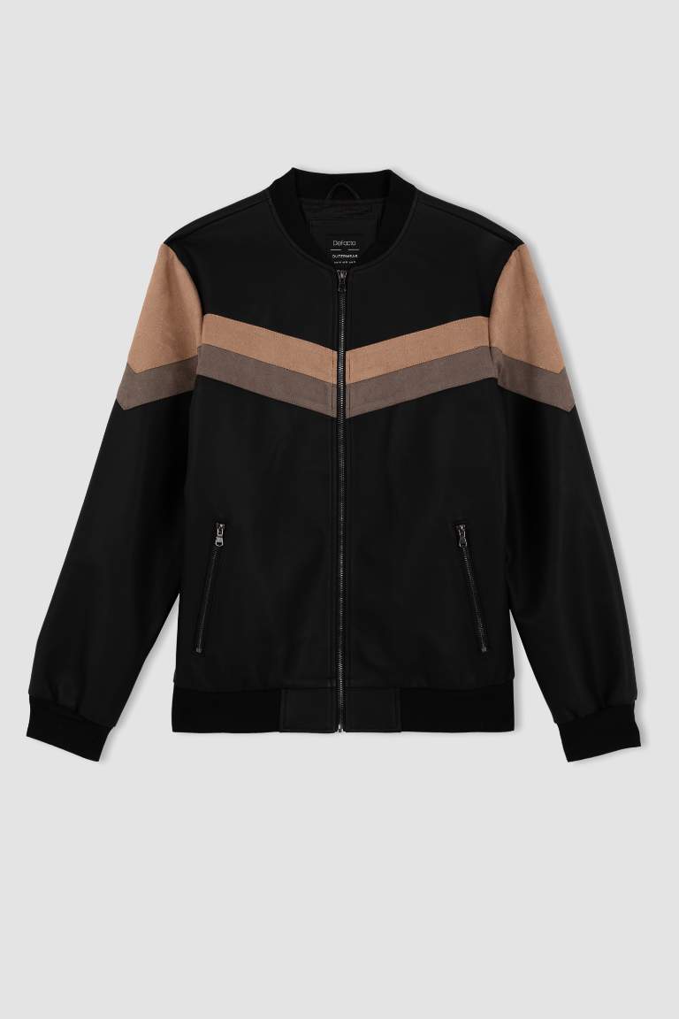 Su İtici Slim Fit Kolej Yaka Fermuar Kapamalı Cepli Mevsimlik Hafif Suni Deri Bomber Mont Ceket 