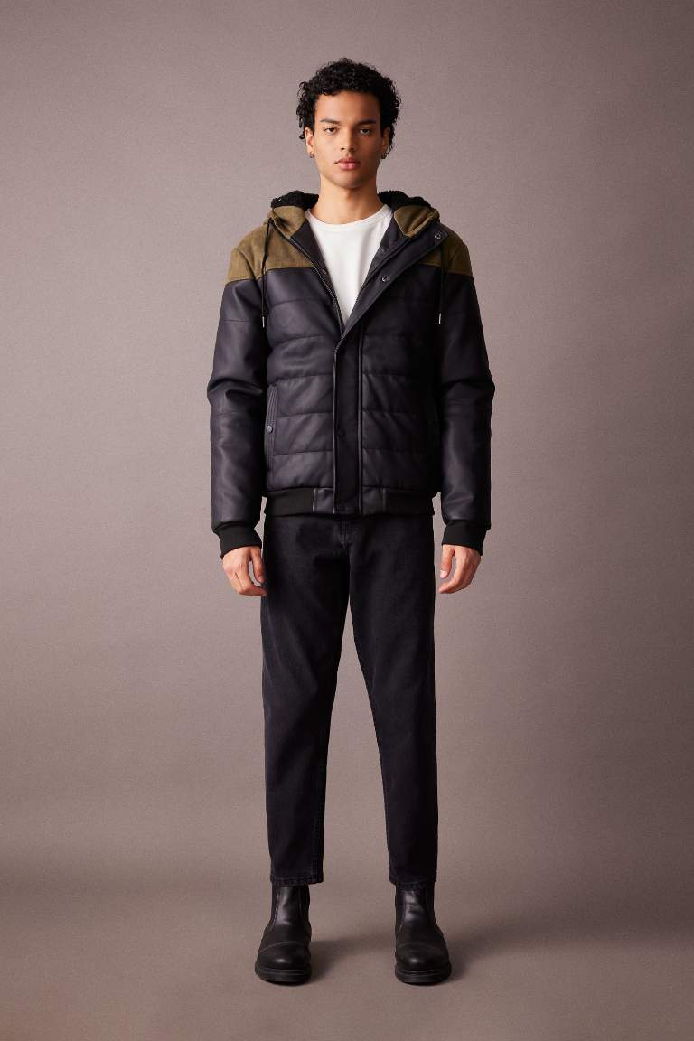 Slim Fit Kapüşonlu Suni Deri Şişme Mont