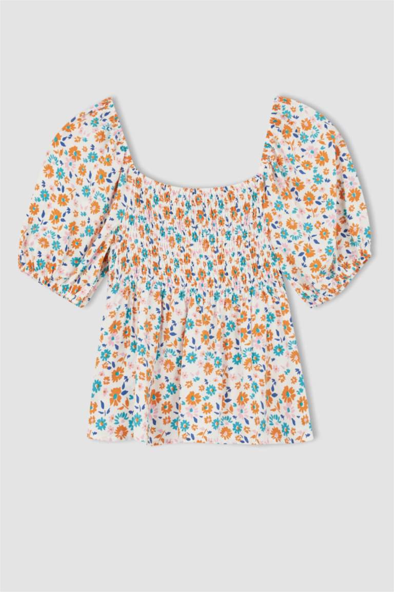 Fitted Square Neck Floral Short Sleeve Blouse