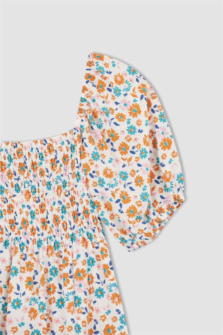 Fitted Square Neck Floral Short Sleeve Blouse