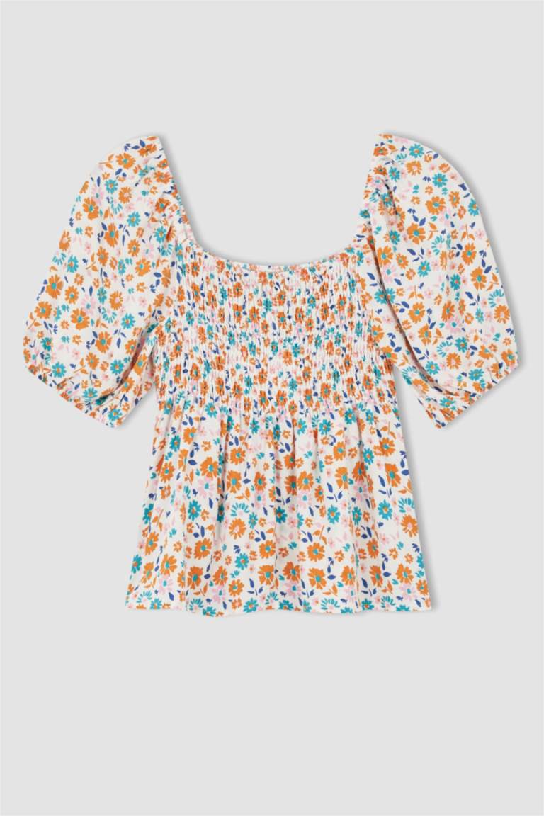 Fitted Square Neck Floral Short Sleeve Blouse
