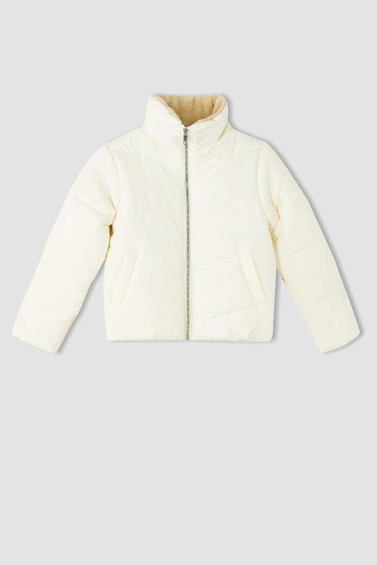 Kız Çocuk Dik Yaka Pelüş Astarlı Puffer Mont