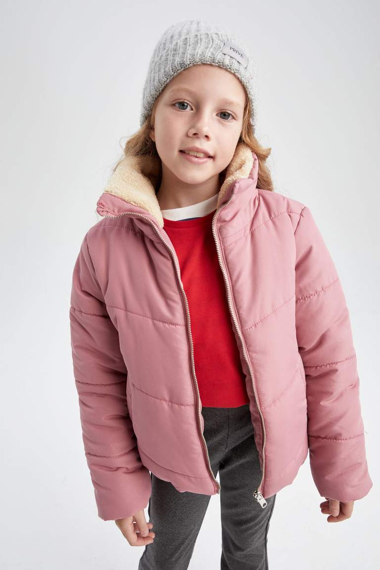 Kız Çocuk Dik Yaka Pelüş Astarlı Puffer Mont