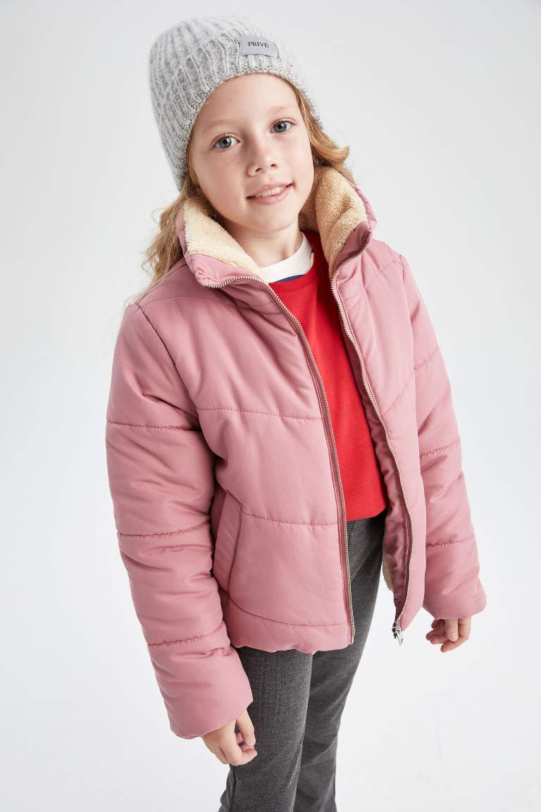Kız Çocuk Dik Yaka Pelüş Astarlı Puffer Mont
