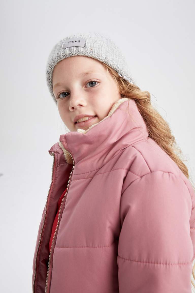 Kız Çocuk Dik Yaka Pelüş Astarlı Puffer Mont