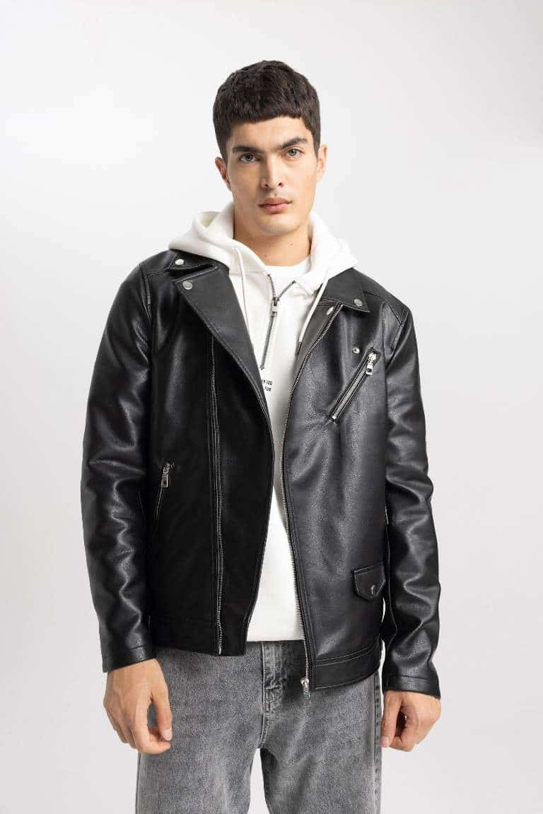 Black MAN Slim Fit Faux Leather Faux Leather Jacket 2795318 | DeFacto