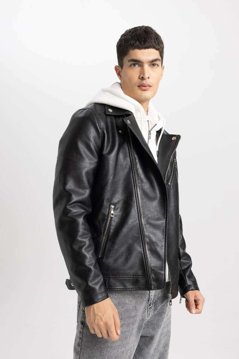 Black MAN Slim Fit Faux Leather Faux Leather Jacket 2795318 | DeFacto