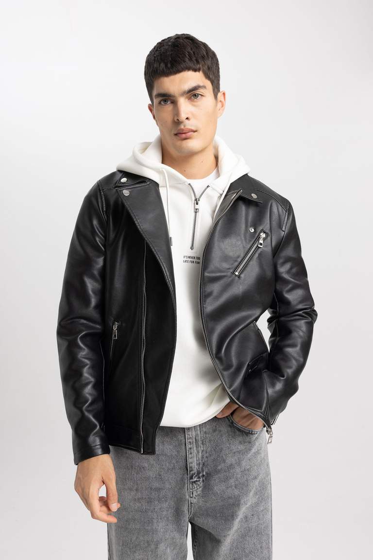 Black MAN Slim Fit Faux Leather Faux Leather Jacket 2795318 | DeFacto