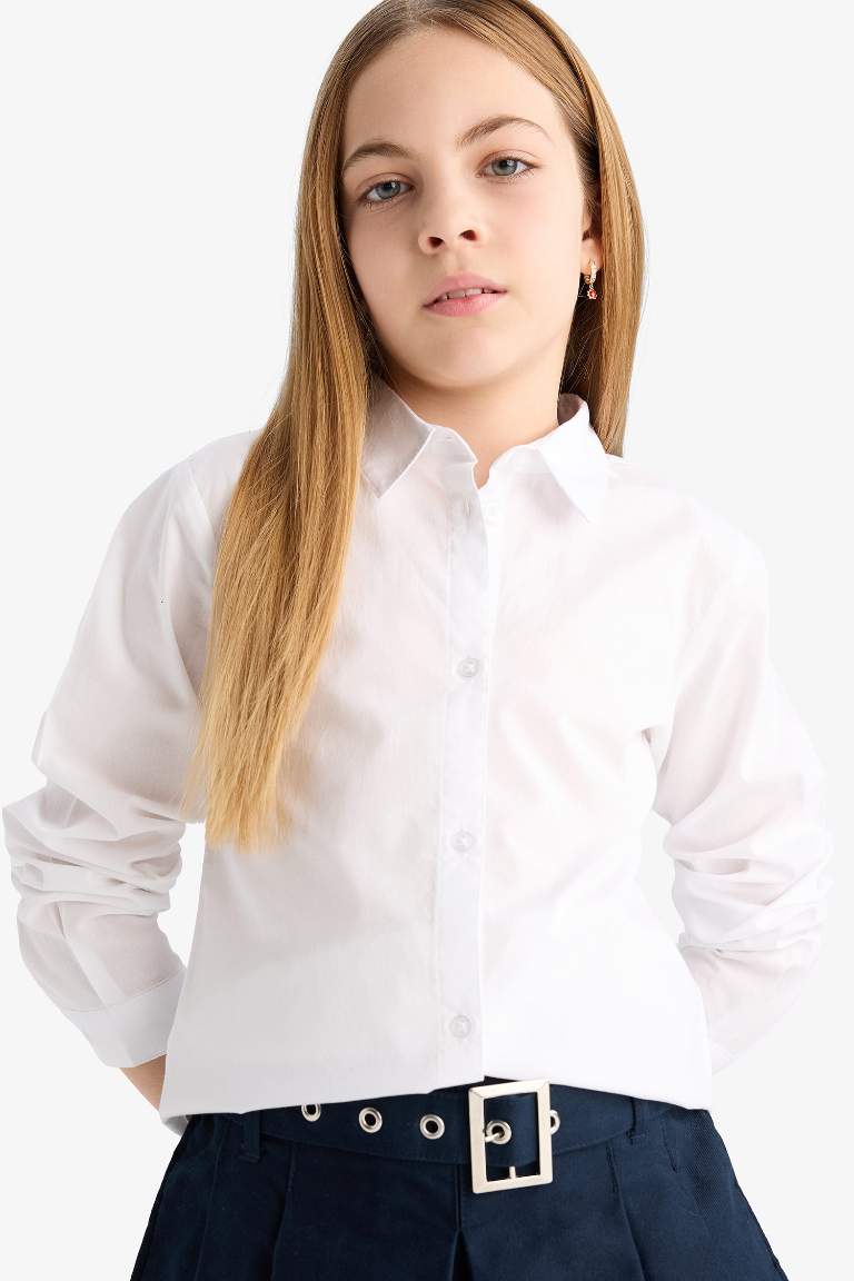 Kız Çocuk Poplin Uzun Kollu Beyaz Basic Düz Okul Gömleği