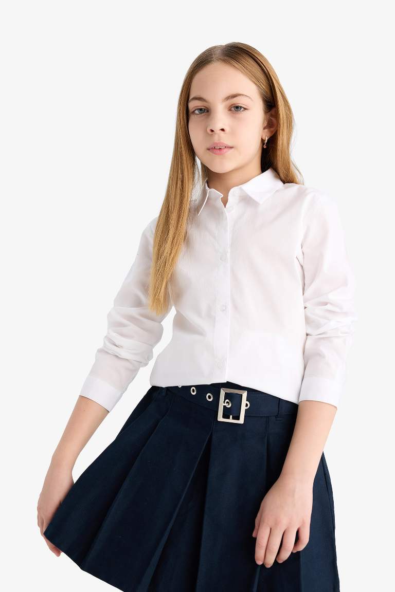 Kız Çocuk Poplin Uzun Kollu Beyaz Basic Düz Okul Gömleği